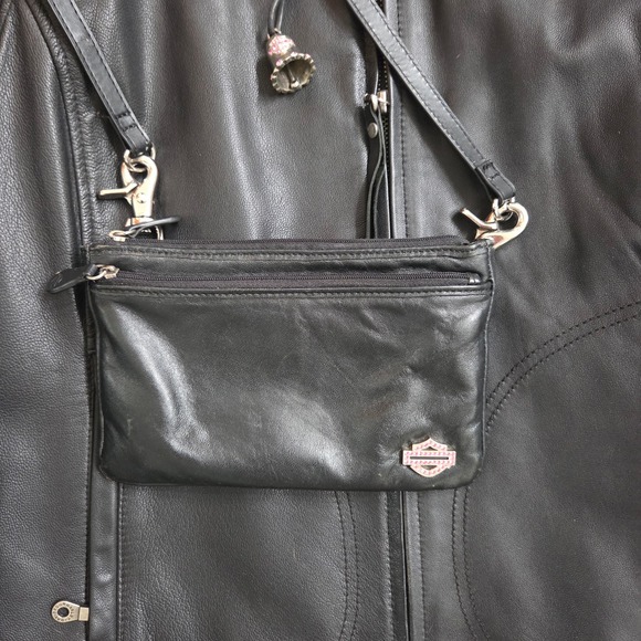 Harley Davidson Womens Black Leather Jacket Pink Embroidery Biker XL Purse Bell - Picture 9 of 16